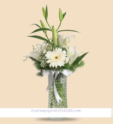  - Beyaz Mutluluk Gerbera ve Lilyum Aranjmanı